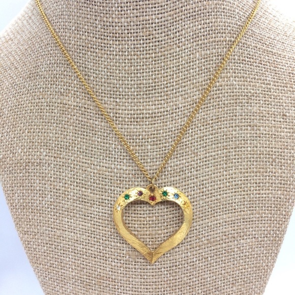 VINTAGE GOLD TONE HEART JEWEL TONE RHINESTONES NECKLACE - Picture 4 of 13